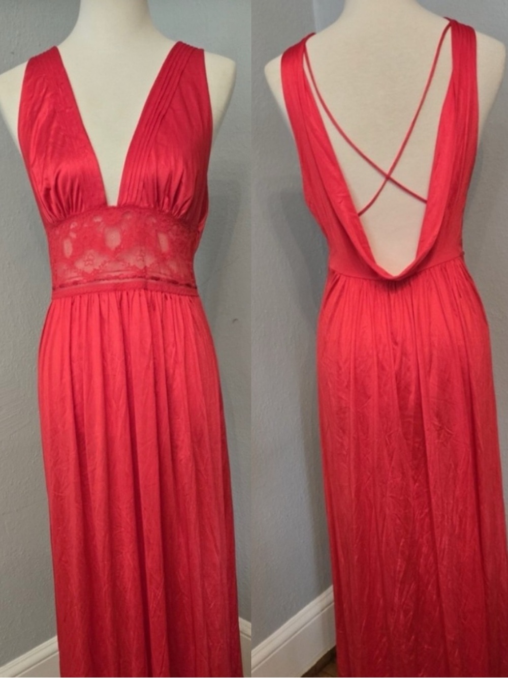Vintage Lily of France Red Lace Backless Nightgown Slip Dress Size Medium